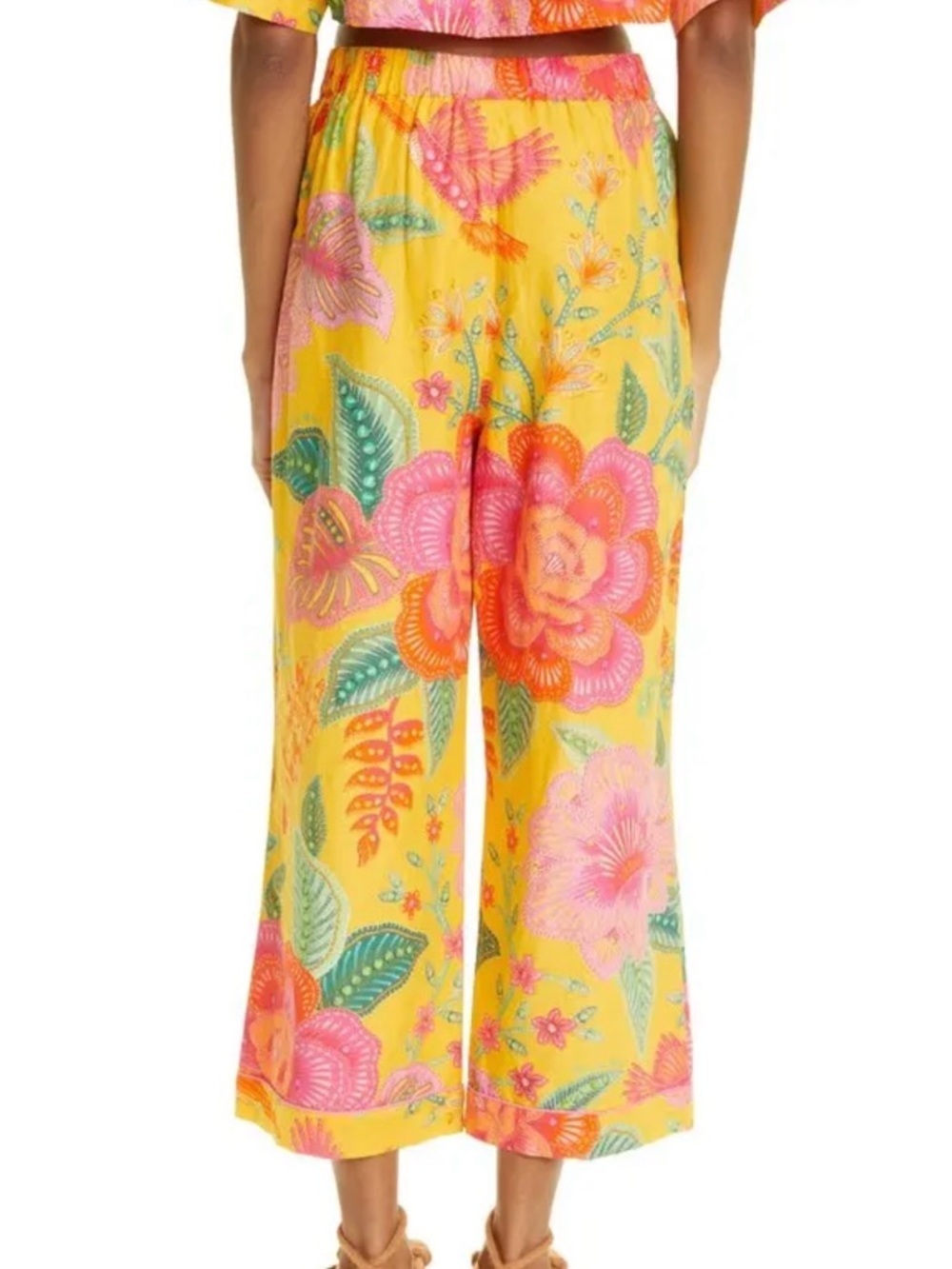 FARM Rio Macaw Bloom Tropical Print Pants Wide Leg Ruffle Hem Yellow Size M - Picture 2 of 13